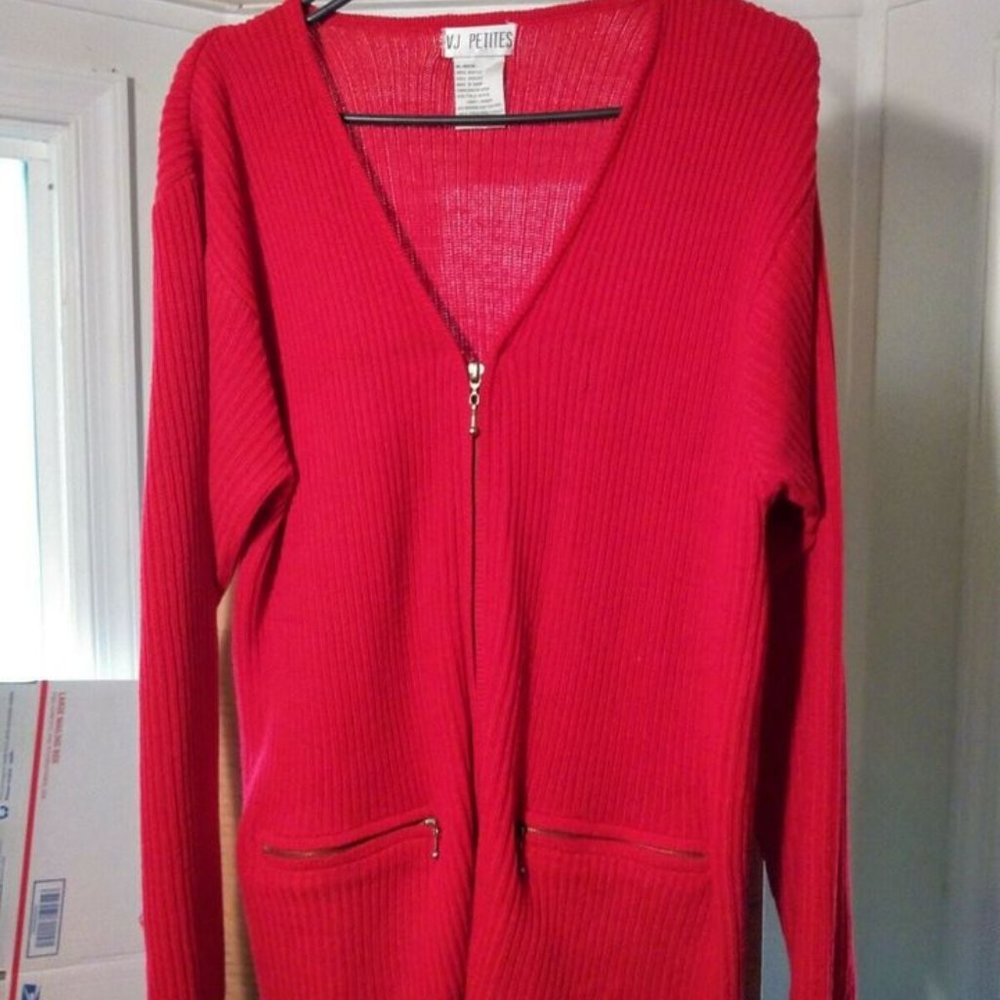 VJ Petites Red V-Neck Full Zip Sweater w/ Pockets Women's Petites Large